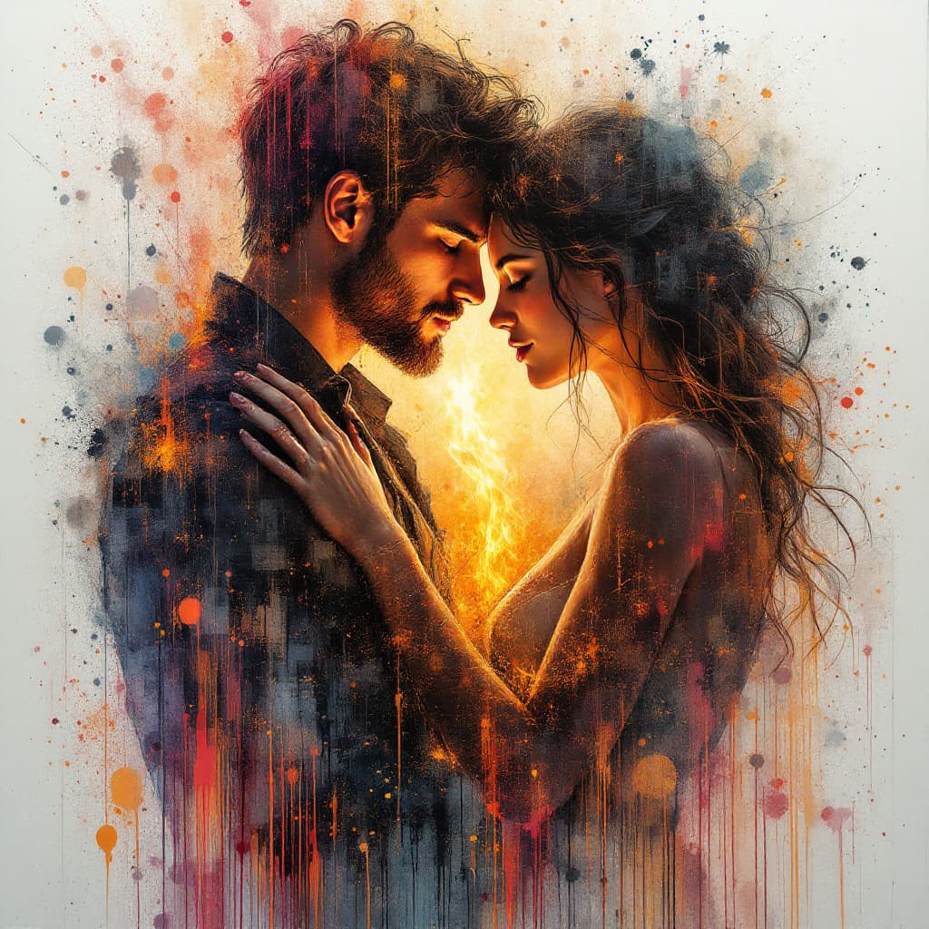 AI generated: double exposure portrait two lovers on fire embracing with burning australian outback village, Maste...