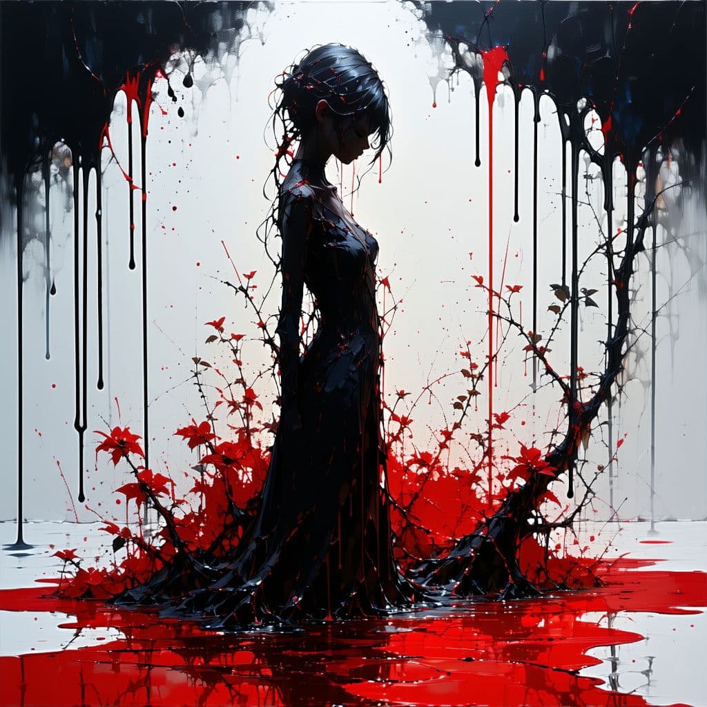 AI generated: Girl in high-cut dress, black veins, dripping oil, predatory plants, ivy, girl's face, gloomy, red s...