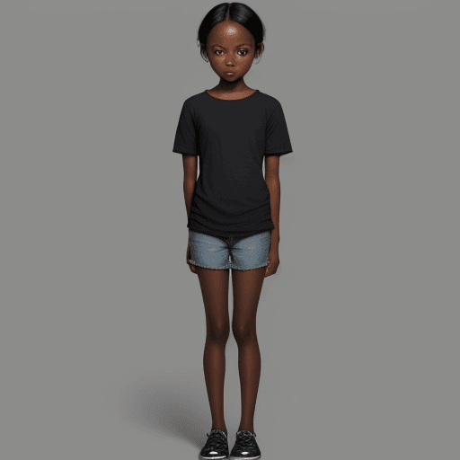 AI generated: girl, dark skin, short black shirt, little legs, 12 years old,