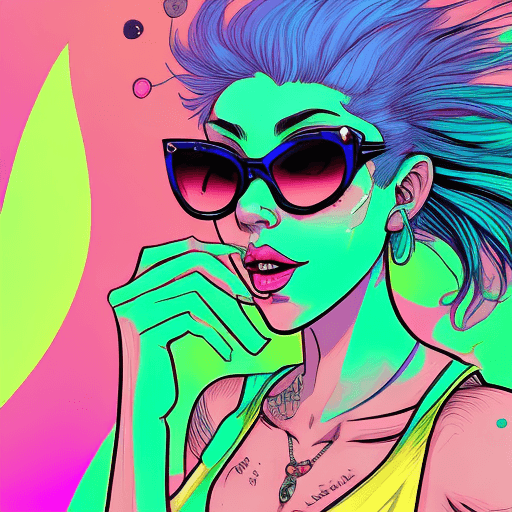 AI generated: Hya girl with blue hair and sunglasses in colorful colors, in the style of hyper-detailed illustrati...