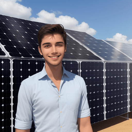 AI generated: The young handsome entrepreneur smiling and standing in front of solar panels that he has built