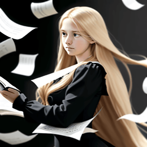 AI generated: an English teacher girl in a black dress with long blond flowing hair stands with his arms crossed, ...