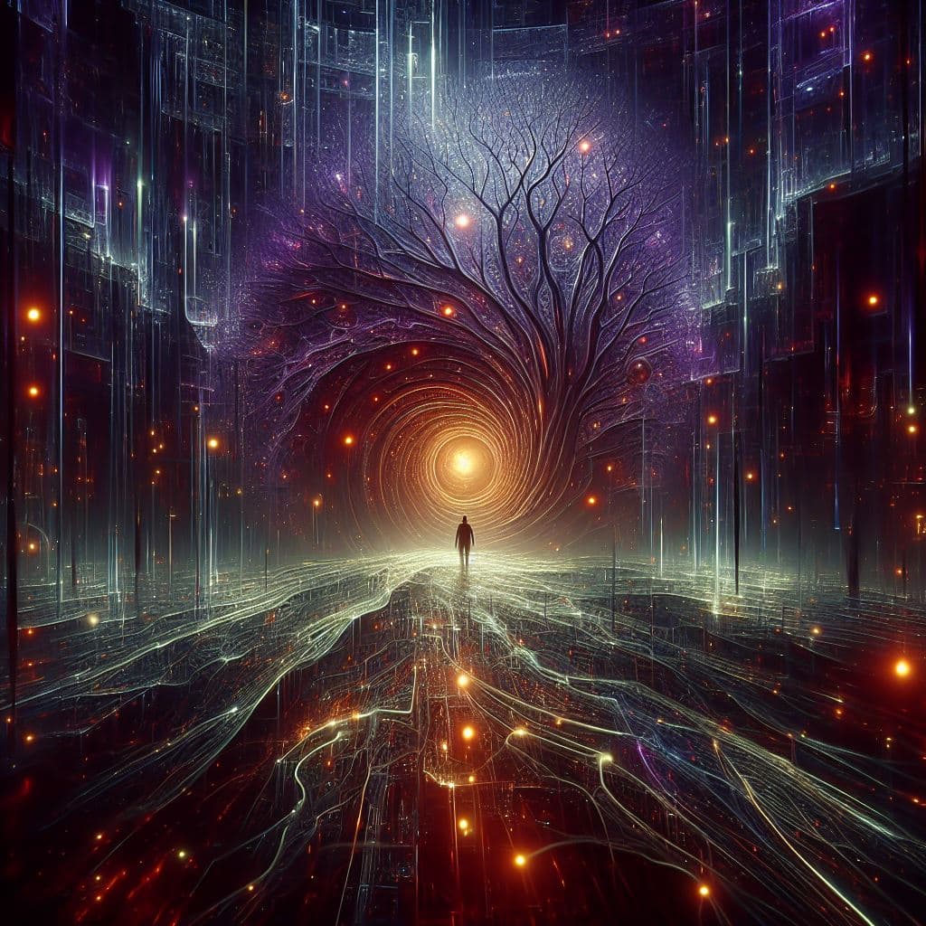 AI generated: Create a haunting portrayal of ChatGPT's inner workings, unveiling a surreal landscape with distorte...