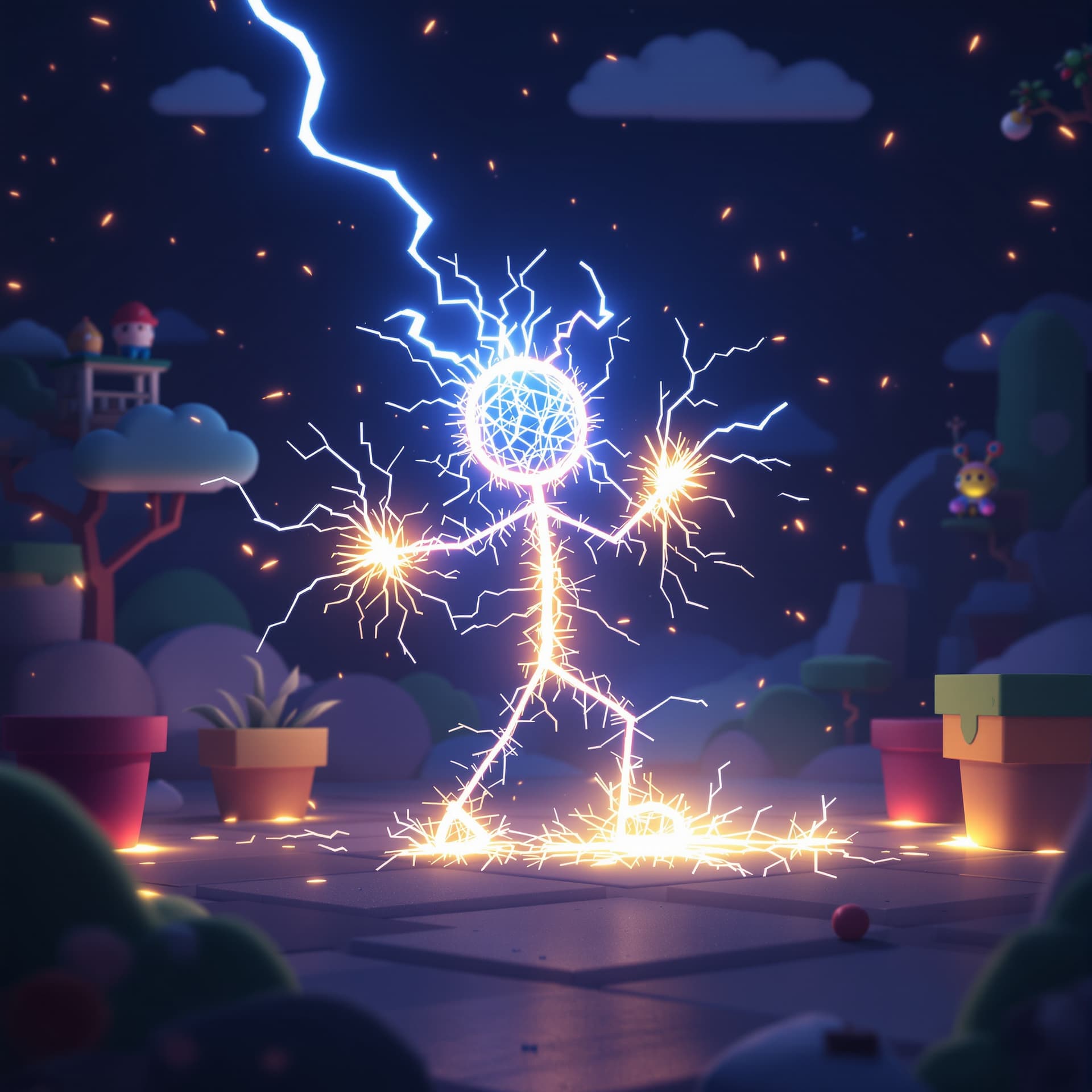 AI generated: a stick man made out of electricity sparks dancing in a mario bothers 2d environment