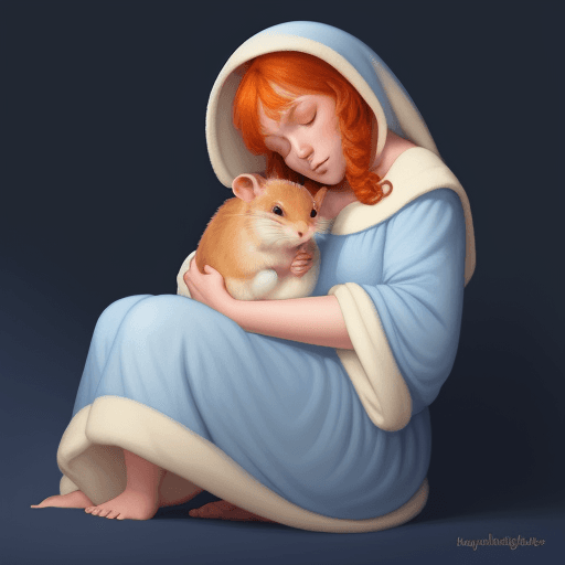 AI generated: ginger hamster curled up in asleep wearing traditional 1800 blue and white nightwear including night...
