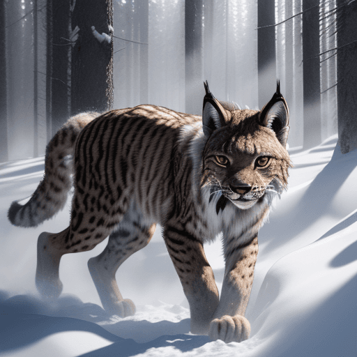 AI generated: Wild lynx stalking prey, shadowy forest, light snow cover, bright sunlight, thin fog; 8k, abstract d...