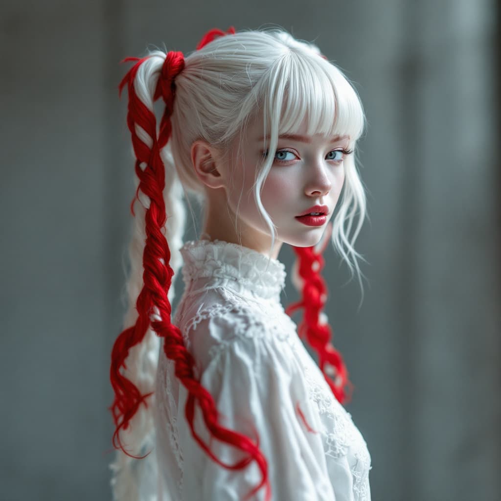 AI generated: Vogue Runway Model albino with long Pigtails in the style of red and white candycore hair, pale skin...