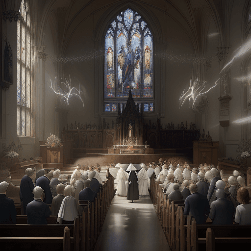 AI generated: Portrait from 1940, people talking animatedly in groups after Mass in an Episcopal congregation, the...