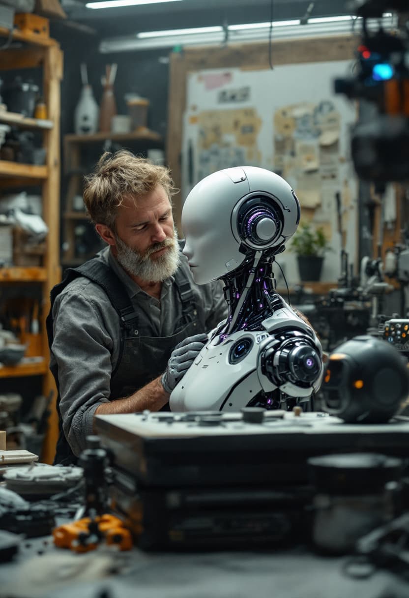 AI generated: A highly detailed cinematic shot capturing an artisan in a sculpting studio from the knees up, caref...