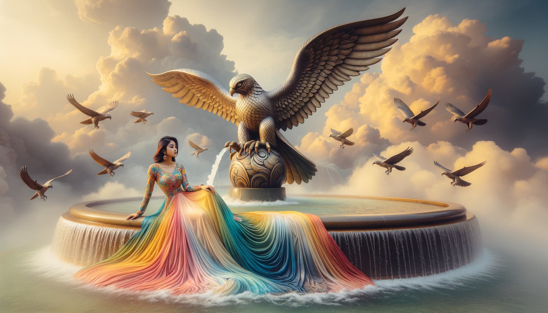 AI generated: A woman in a flowing rainbow dress sits beside an falcon statue fountain among clouds, with birds fl...