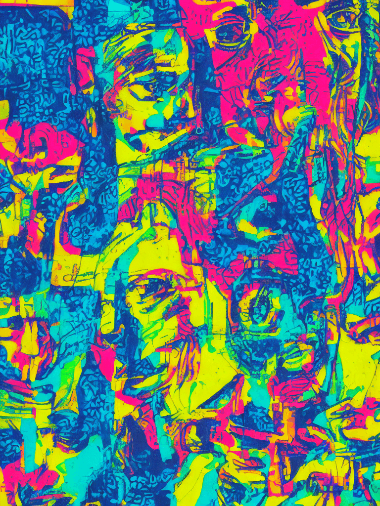 AI generated: risograph style, dadaism and expressionism mix, double exposure collage of graffiti street art and m...