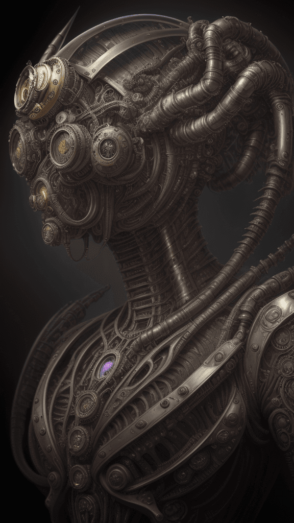AI generated: "Steampunk Alien RFKTR-style headshot, a masterwork by H.R. Giger, invoking a profound sense of wond...