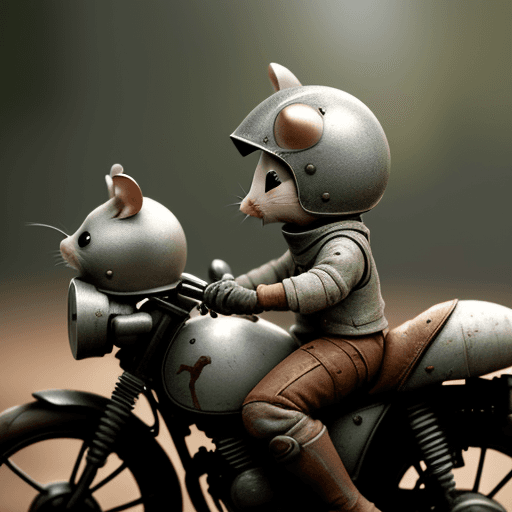 AI generated: cinematic film still award winning photo two cute grey mice, rust, epic, wearing acorn helmets, ridi...