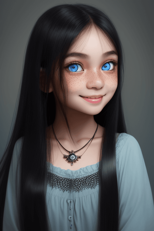 AI generated: beautiful indonesian mixed Russian girl, smile, happy, long black hair, black necklace, (detailed ey...