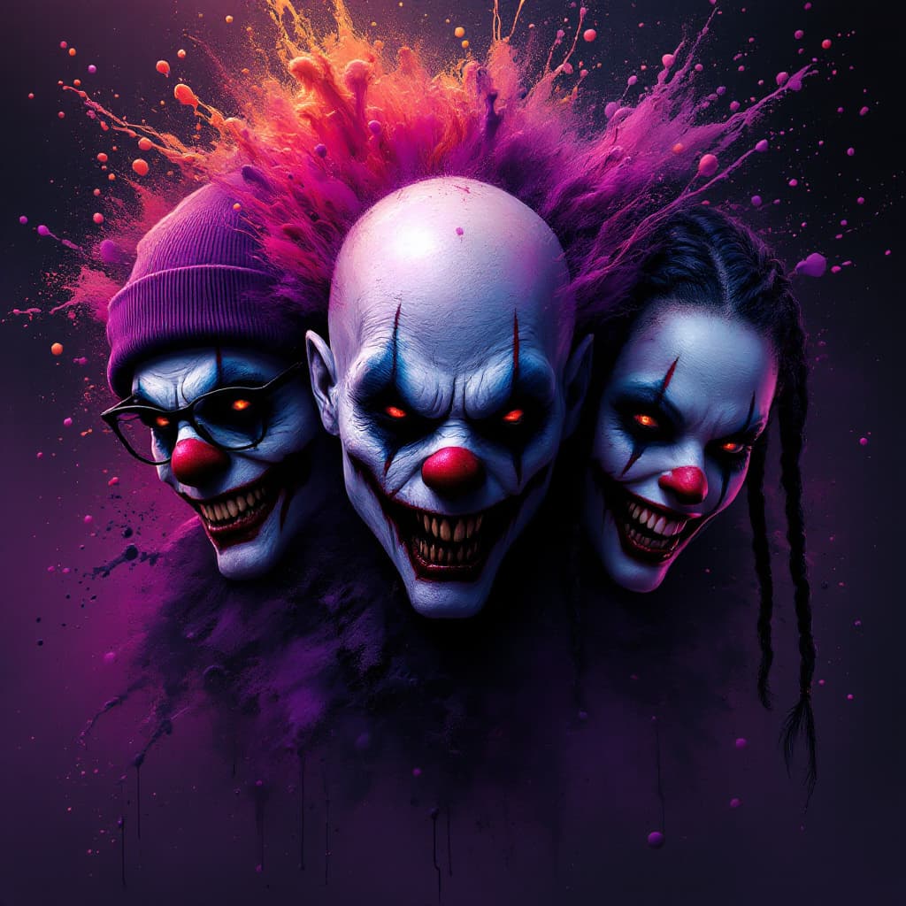 AI generated: Create a landscape realistic image of an explosive depiction of 3 evil demon clowns faces in a spect...