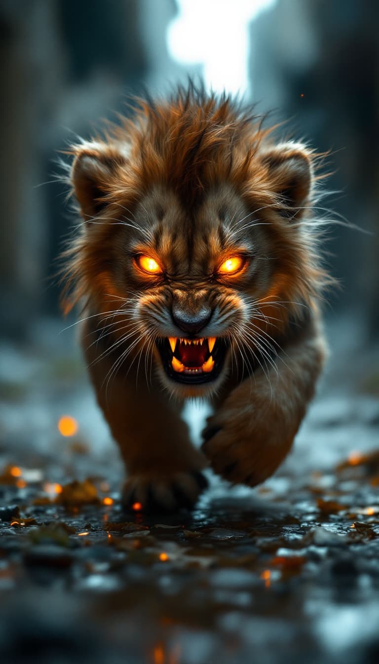 AI generated: a monster baby lion cub running and growl , streets of jerusalem, eyes are orange fire, vampire teet...