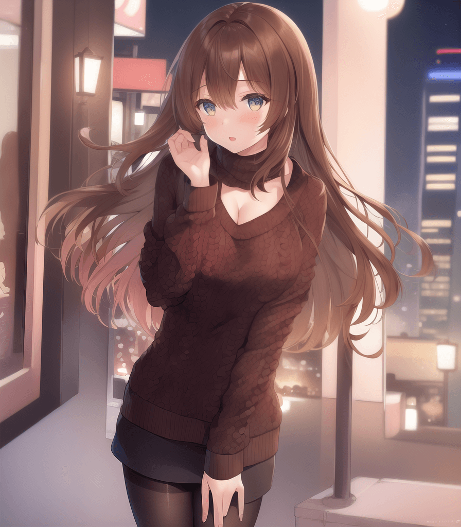 AI generated: (best quality:1.4), 1girl, city, night, cleavage pantyhose sweater, brown hair, standing