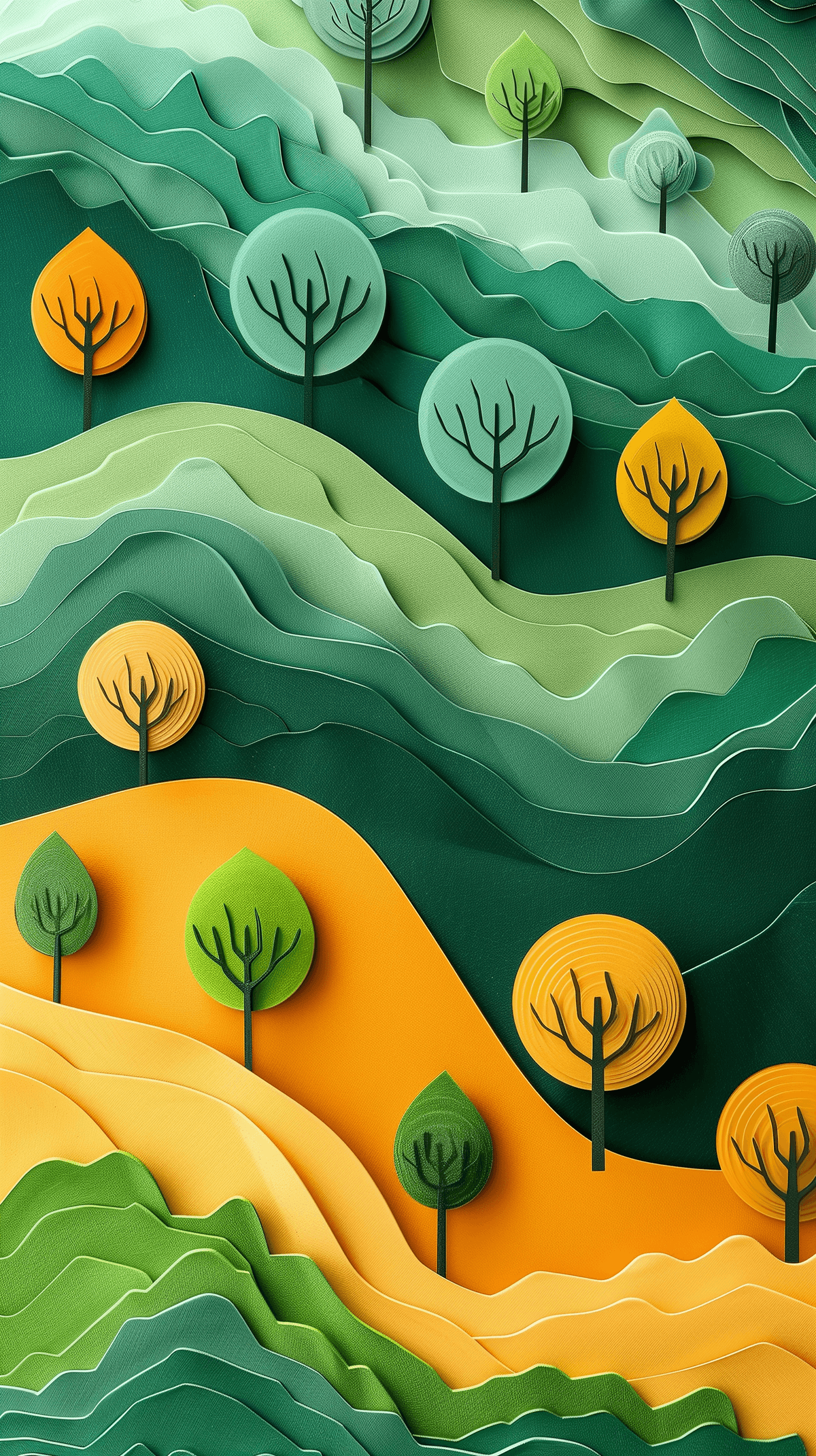 AI generated: rendering, forest, paper work style, select a color palette with vibrant colors, green, and yellow w...