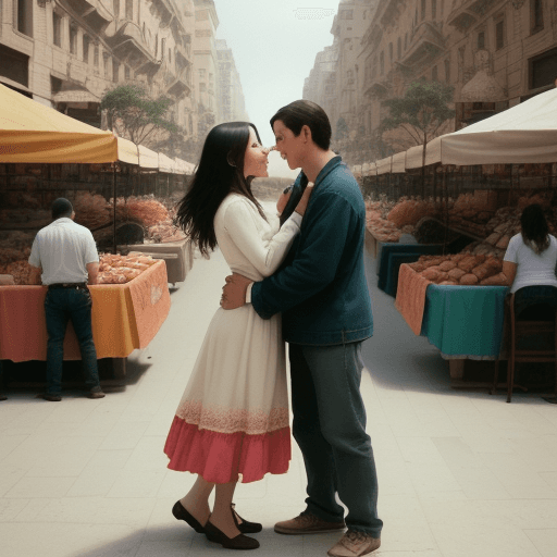 AI generated: High/imagine prompt: color photo of couple embracing in the middle of a plaza,
The couple is lost in...