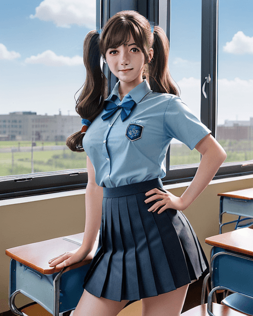 AI generated: girl, happy, wavy hair, hair over one eye, twintails, brown hair, best girl hair, school uniform, sc...