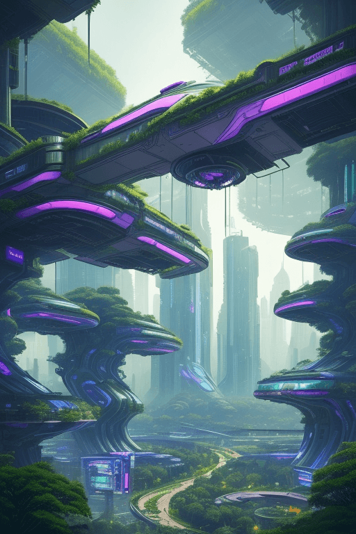AI generated: a view of a city with a lot of trees and bushes, garden, flying objects beautiful city of the future...