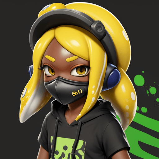 AI generated: splatoon, inkling, dark skin, visor, yellow hair, mindless, face mask, spiral, enlarged proportions
