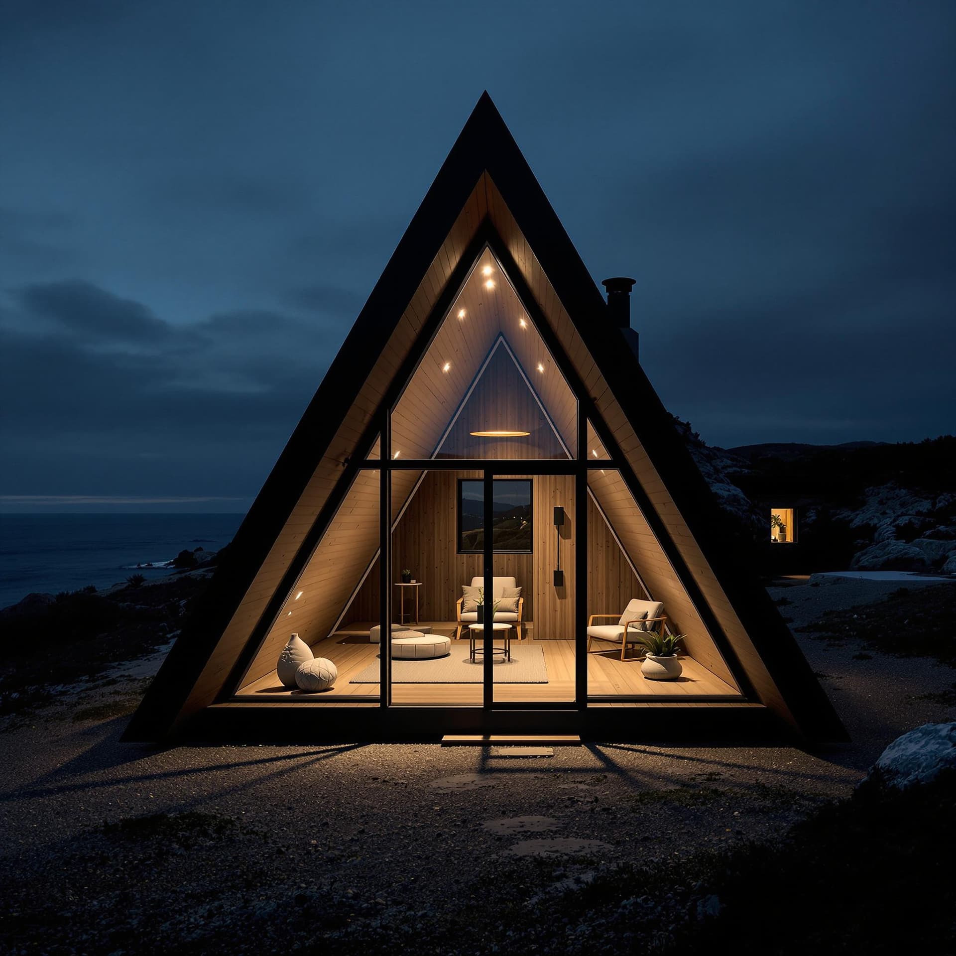 AI generated: modern cabin, tiny house, architecture, minimalist, lights, black steel, concrete, triangle, ocean i...