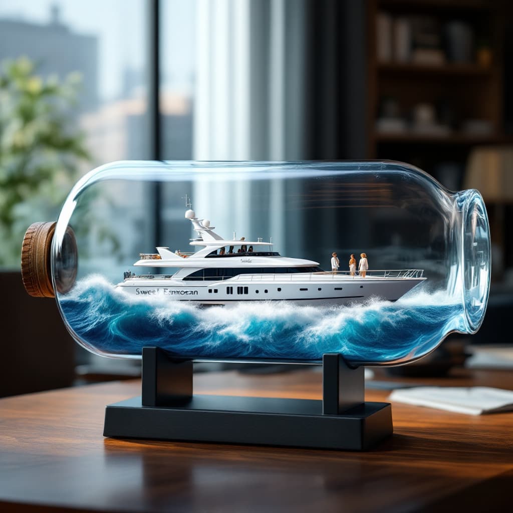 AI generated: A realistic ship in a bottle, featuring a 2005 76-foot Lazzarra luxury super yacht scene. The yacht ...