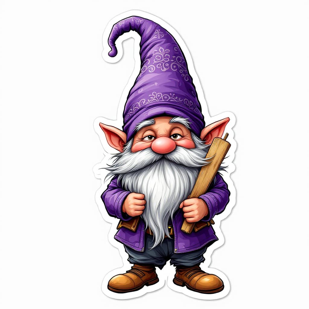 AI generated: A highly detailed full-body cartoon sticker of a whimsical gnome character. The gnome is wearing a v...