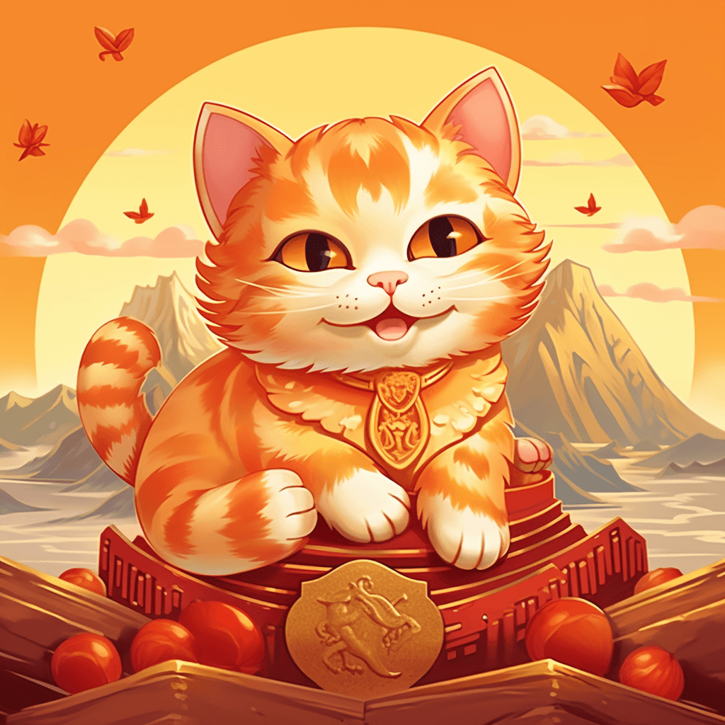 AI generated: an orange cat Lie down on the golden mountain, happy, new Chinese style,red background,testive,color...