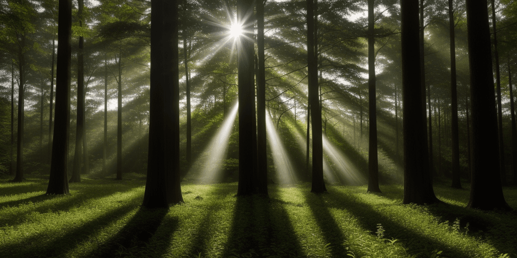 AI generated: An old forest with big trees. Light rays from the sun are shining through the leaves.