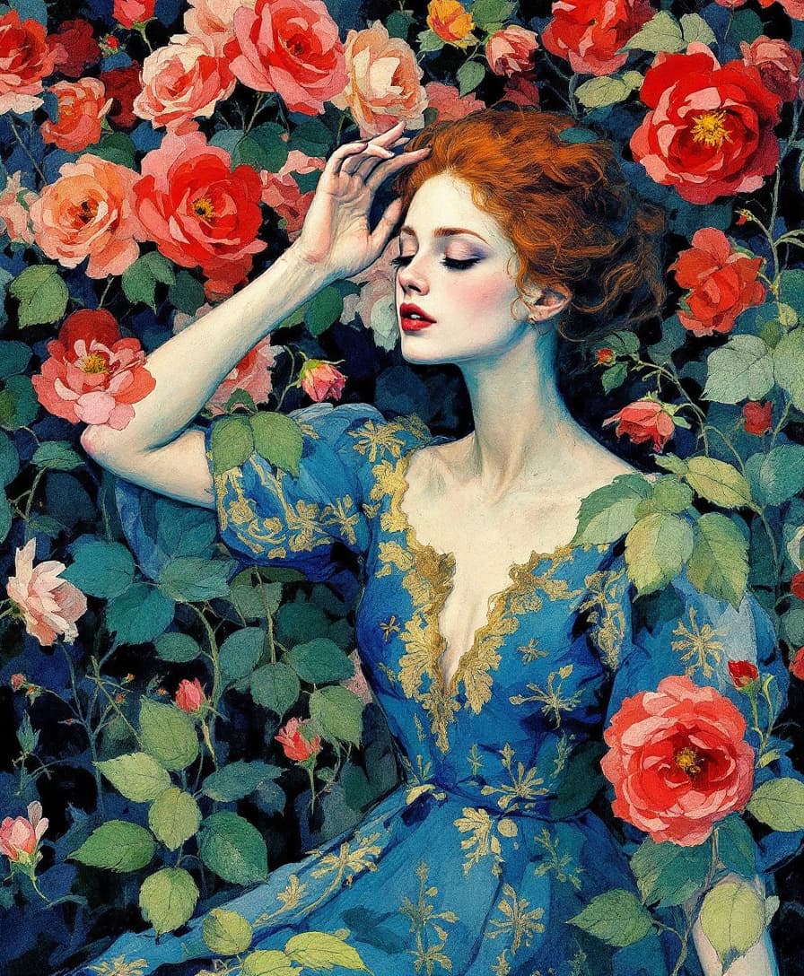 AI generated: Masterpiece, ('Rosamund, Queen of Roses' by John William Waterhouse in 1900), inspired by the style ...