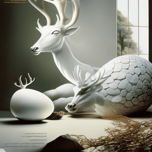 AI generated: a majestic white deer explores a dragon egg guarded by a dragon, daylight, indirect lighting, AD mag...