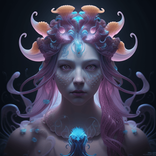 AI generated: Goddess close-up portrait ribcagel. jellyfish phoenix head, nautilus, orchid, skull, betta fish, bio...