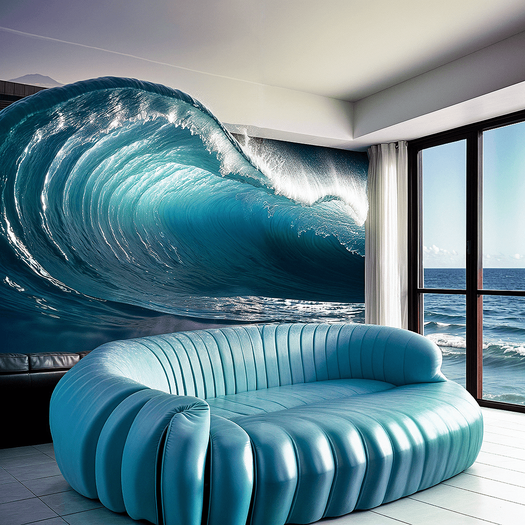 AI generated: [[[indoor of a studio apartment featuring an]]] (ocean wave,surf wave)((unusual impossible designed ...