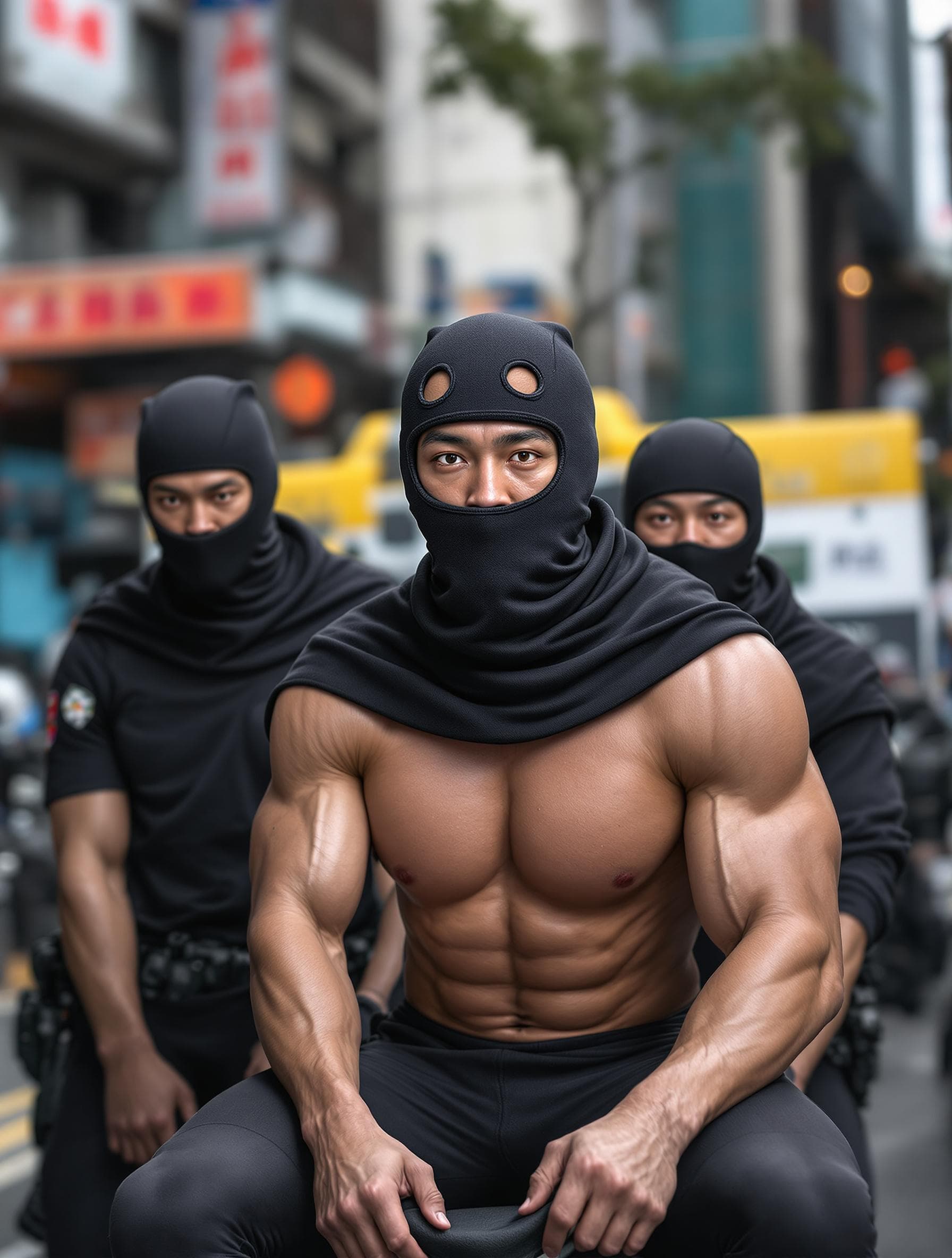 AI generated: Police arrest three Chinese men athletes in Hong Kong during the day. Their hands are upwards. Their...