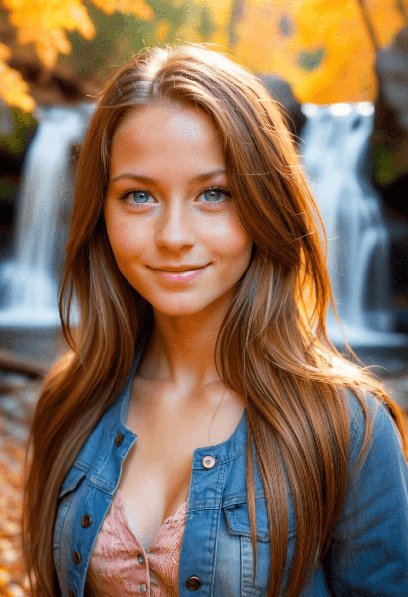 AI generated: HDR photo of beautiful young woman, happy and smiling, long bronze hair, light-blue eyes, fair compl...