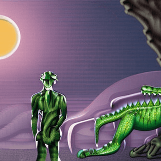 AI generated: Crocodile, fusion human, realistic, in forest, night time 