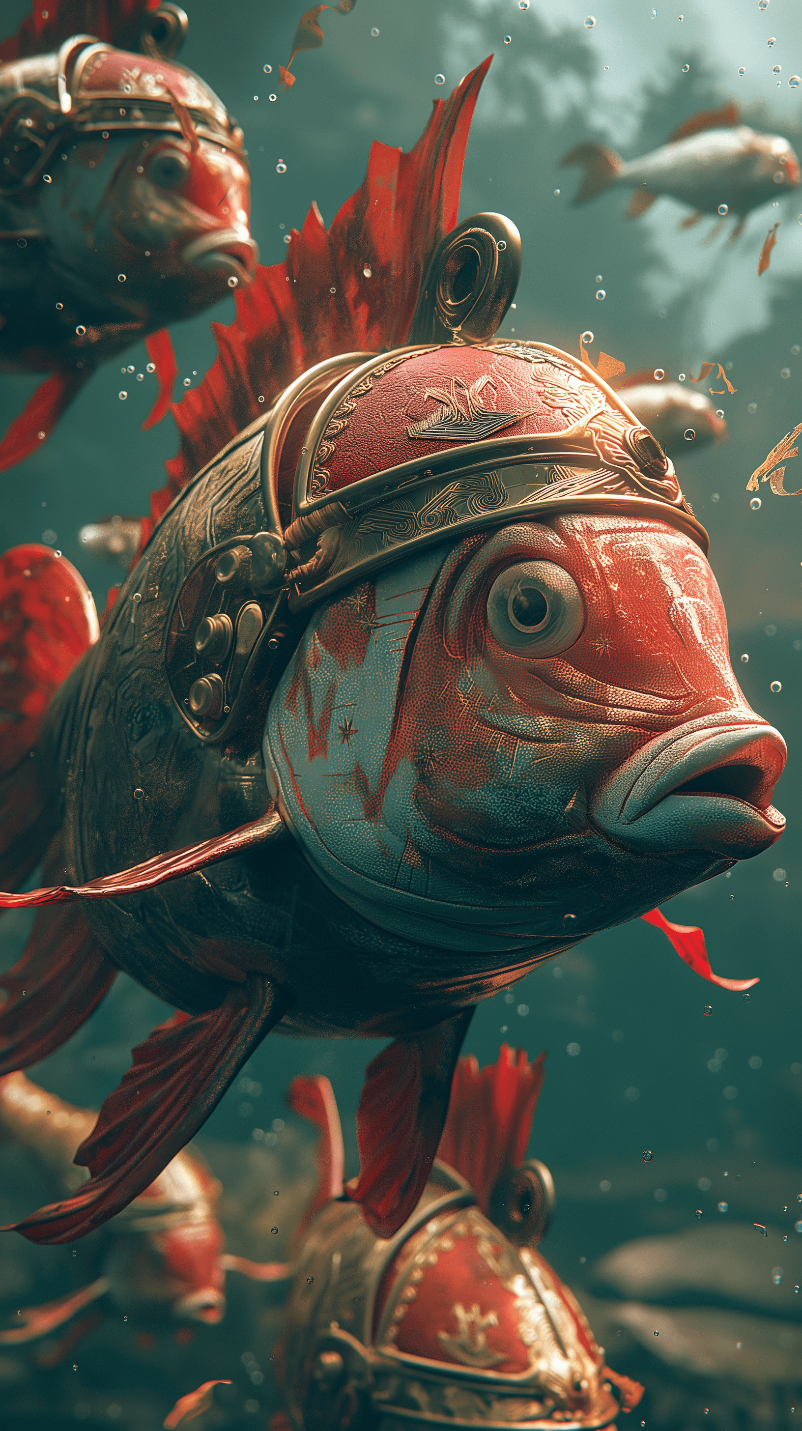 AI generated: Many middle size fishes wearing ancient bright red and gold Roman helmet and armor, whole body swimm...
