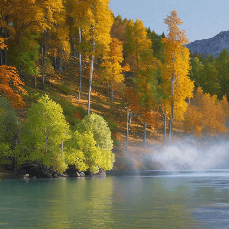 AI generated: photorealistic oil on canvas, 
trees by a river and hill,
beautiful setting, fall
Foreground,
unreal...