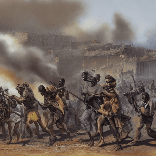 AI generated: genère une peinture apocalyptique d'une ville africaine en guerre, bombardement, camions équipés d'a...