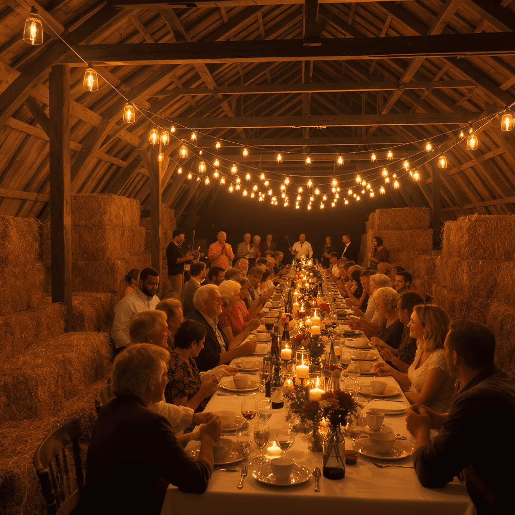 AI generated: Rustic Barn Banquet — families and neighbors gathered inside a barn lit by golden lanterns, fiddle m...