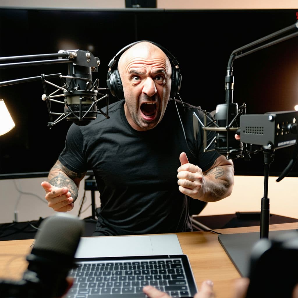 AI generated: Joe Rogan catches hitler breaking onto his set during a podcast and runs after him rapidly, wide ang...