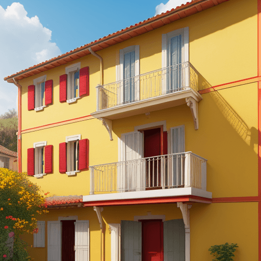 AI generated: Photo realistic house, cannon EOS 5d, mid shot, red tiles, yellow walls, wooden shutters, balcony, g...