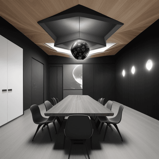 AI generated: multifunctional space with geodesic celing masculine atmosphere in gray and black wood finishes