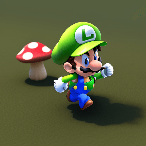 AI generated: Super-Luigi running, Mushroom Kingdom background, 32k, closeup, trending on poltcount 3D, game --v 5...