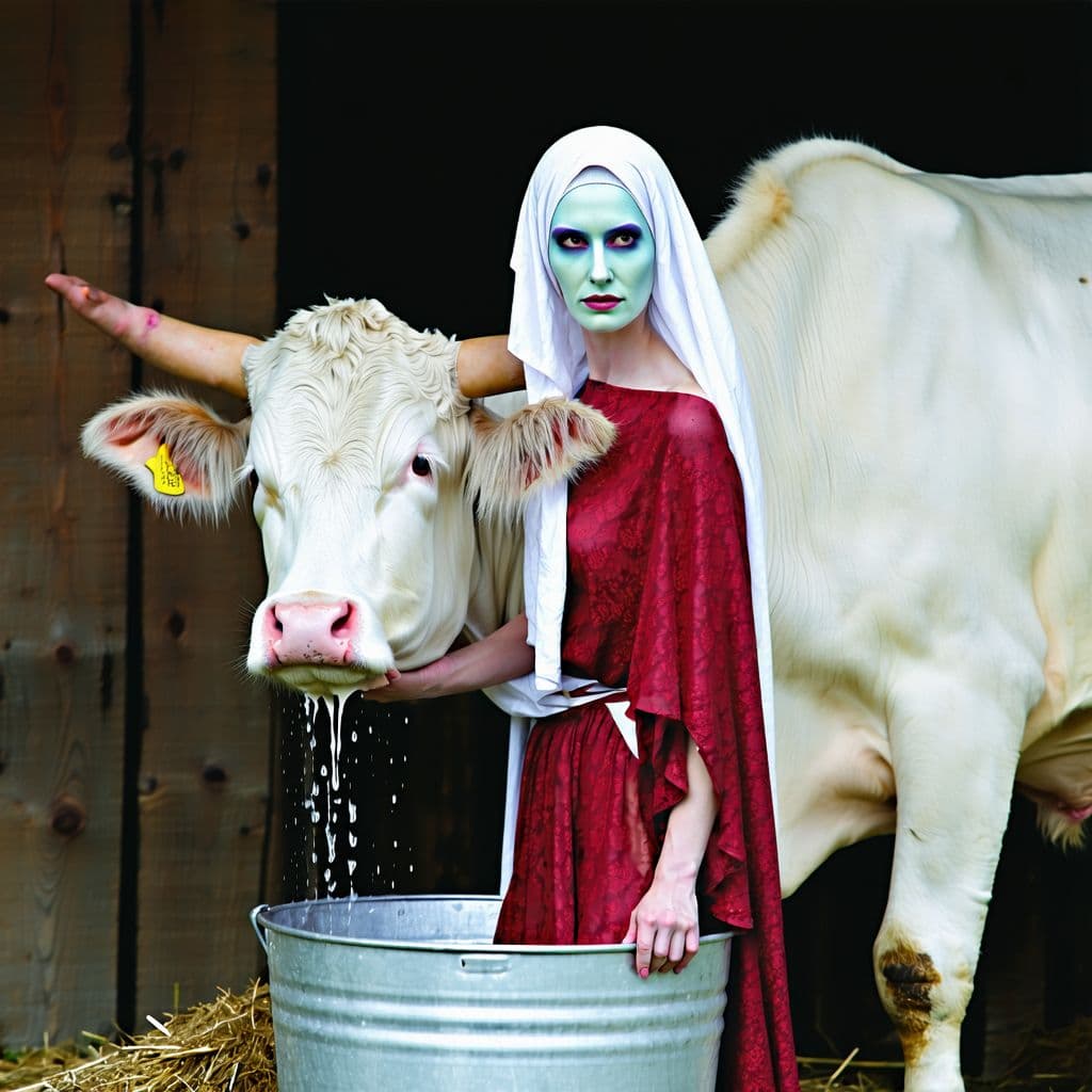 AI generated: In the photo, a white-skinned woman dressed as a beggar takes a cow by the udder and milks it into a...