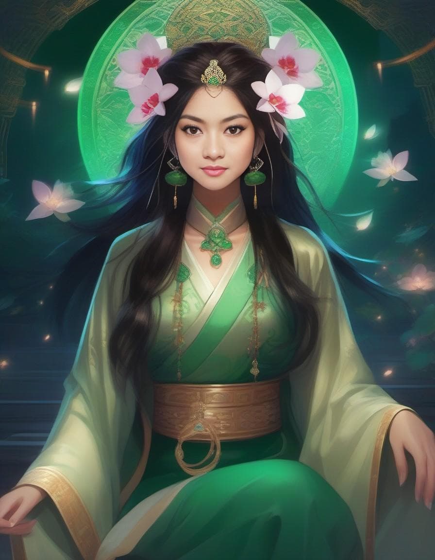 AI generated: A mysterious anime sorcerer from the Tang dynasty with an orchid hair accessory and a jade charm at ...