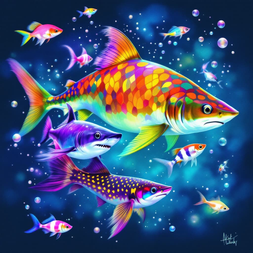 AI generated: 
sharks, guppies, fins, gills, guppies, bubbles, neons, scales, currents 
--ar 16:9 --profile 9wfmrw...