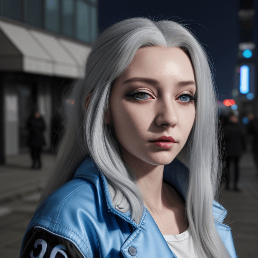 AI generated: A lady with a gorgeous face, and sleepy beautiful grey eyes, wearing a blue jacket, long white hair,...